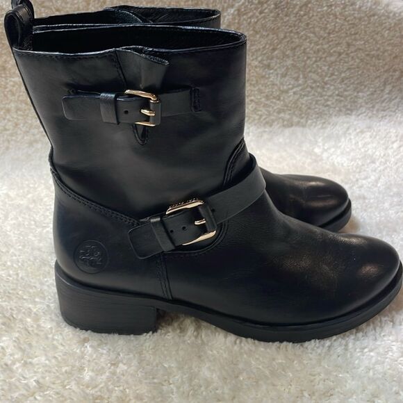 Tory Burch Black Leather Moto Boots Buckle Strap Ankle/Mid-Calf Boots Sz 7.5 - Picture 7 of 16